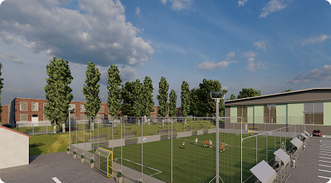 Render of an indoor FIFA-grade soccer field with surrounding modular infrastructure, representing Fusion Sports Park’s Phase 2B for high-performance play.