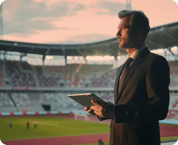 Sports executive overlooking stadium with tablet, representing leadership and facility management at Fusion