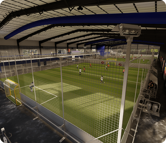 Children playing a fast-paced soccer game on a fully enclosed mini-pitch surrounded by nature, part of Fusion Sports Park’s compact facility model