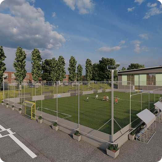 Daytime rendering of a Fusion Sports Park mini-pitch surrounded by fencing, trees, and benches, showcasing community play in a clean and modern setting.