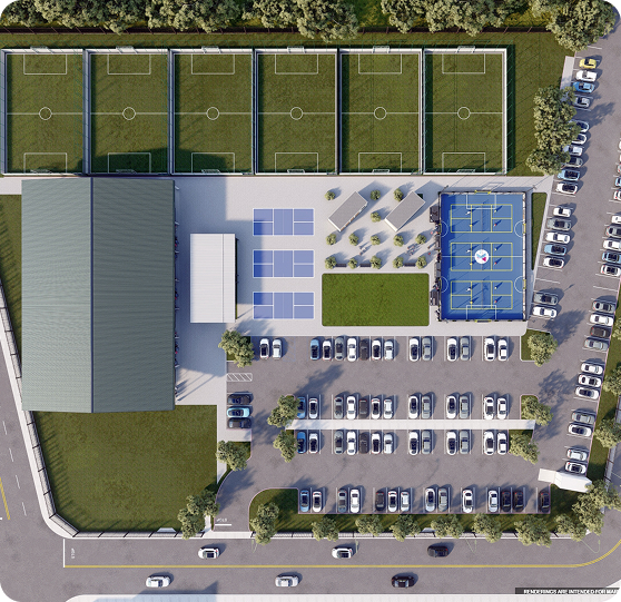 Aerial view of Fusion Sports Park showing 5v5 soccer fields, multi-sport courts, and parking layout